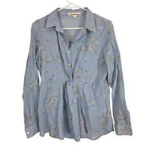 Hope Springs Cottage Core Embroidered Popover Top M Womens Blue Long Sleeve